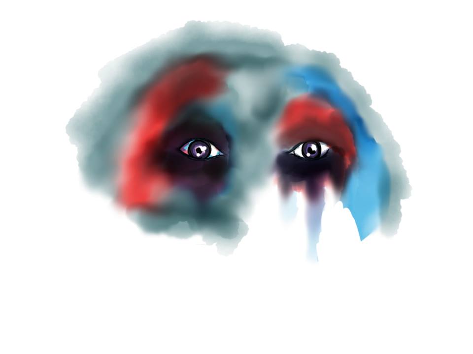 Eyes without facial features, colored to indicate fear, representing anxiety in therapy for navigating toxic family relations