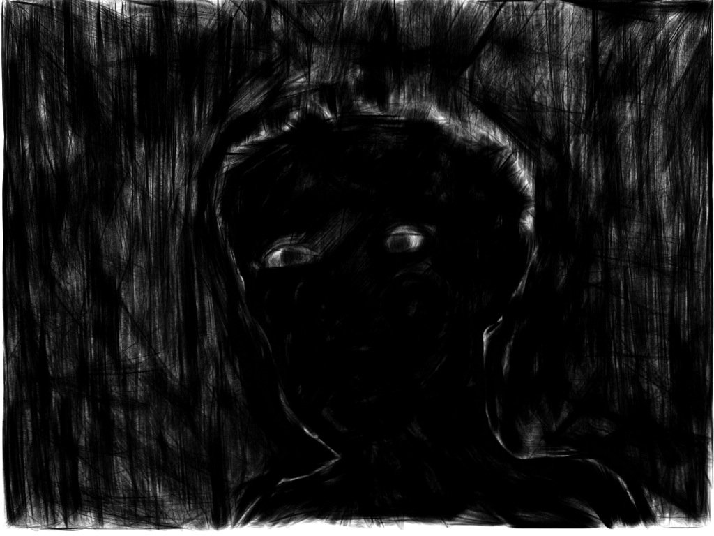 A sketch of a man in the dark with only his eyes visible, representing the darkness of depression in therapy for navigating toxic family relations
